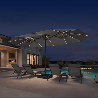 PURPLE LEAF 15ft Patio Market Umbrella with Solar LED and Base Double-Sided Rectangle Outdoor Table Sun Umbrellas with Crank for Pool Beach Deck Backyard Light Gray