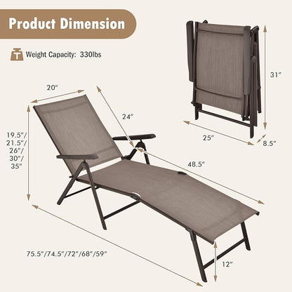 Tangkula Folding Lounge Chair Outdoor, Recliner Chaise Lounge with 5-Position Adjustable Backrest & 2-Position Footrest, No Assembly Required, Suitable for Patio Poolside Beach Yard (2, Brown)