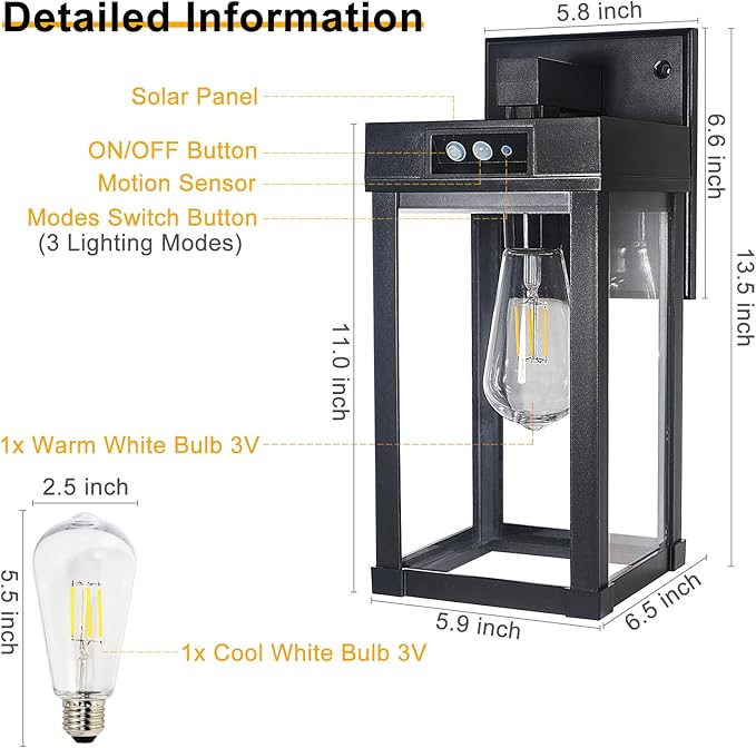 Solar Wall Lights Outdoor, Motion Sensor Sconce with 3 Lighting Modes, Dusk to Dawn Exterior Porch Light fixtures, Wall Mount Lantern Outside Waterproof for Garage Patio Yard Garden