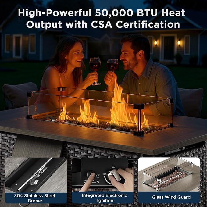Patio Furniture Set with 42.5" Fire Pit Table-6 Pieces All Weather Wicker Outdoor Furniture with High Back Swivel Patio Chairs Set of 2 Outdoor Couch for Deck Balcony Backyard Brown/Blue