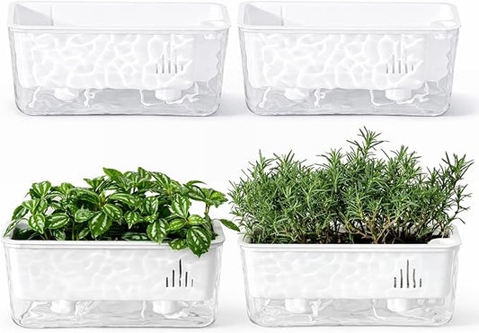 Self Watering Pots for Indoor Plans, 4 Packs Window Boxes Planters Rectangle Self Watering Planter 11 in Rectangular Clear Plant Pots Long Herb Windowsill Planter Flower Box Succulent Planters