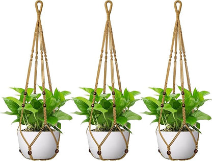 USLAI Macrame Plant Hanger Indoor Outdoor, Fits 4 to 15 Inch Pots, Strong Hanging Planter Holder, Boho Home Decor, 35 Inch, Brown, Set of 3 (POTS NOT Included)