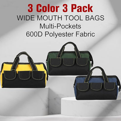 Sanwuta 3 Pack Tool Bag for Men with Waterproof Hard Bottom, Heavy Duty Tool Bag Wide Mouth Tote for Various Instrument, Electrician Carpenter Mechanic(Blue, Yellow, Army Green,13 Inch,Classic)