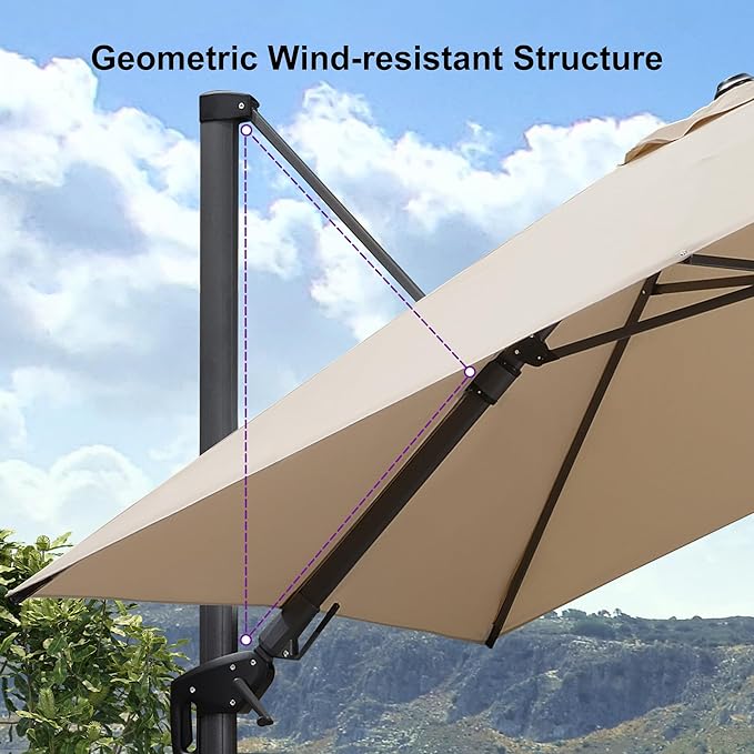 PURPLE LEAF 11.5' X 8.2' Tilting Patio Umbrella with Base Outdoor Cantilever Swivel Rectangle Umbrella Aluminum Offset Umbrella with 360-degree Rotation for Garden Deck Pool Patio Beige
