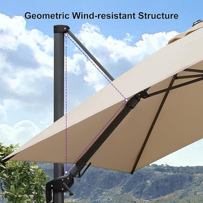 PURPLE LEAF 11.5' X 8.2' Tilting Patio Umbrella with Base Outdoor Cantilever Swivel Rectangle Umbrella Aluminum Offset Umbrella with 360-degree Rotation for Garden Deck Pool Patio Beige