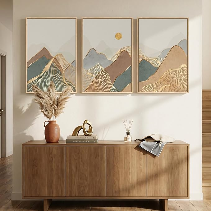 Framed Boho Abstract Mountain Wall Art Bedroom, 3 Piece Modern Nature Landscape Canvas Artwork for Walls, Sunset Minimalist Scenic Prints Wall Decor for Living Room Dining Room Hallway, 16x24 Inch