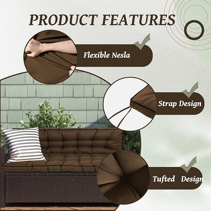 2/3 Seater Swing Replacement Cushion, Waterproof Porch Swing Cushions with Backrest, Thickened Bench Cushions for Outdoor Furniture, for Outdoor Patio Swing (Brown, 55 * 40in)