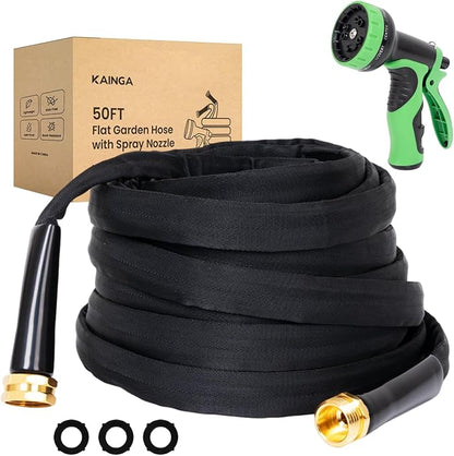 Lightweight Flat Garden Hose 50 FT, 3/4" GHT Flexible Water Hose with Spray Nozzle, Durable 800D Fabric, Kink Free Design, Portable Garden Hose for Lawn, Yard, Car Wash