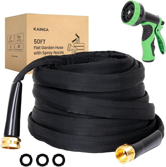 Lightweight Flat Garden Hose 50 FT, 3/4" GHT Flexible Water Hose with Spray Nozzle, Durable 800D Fabric, Kink Free Design, Portable Garden Hose for Lawn, Yard, Car Wash