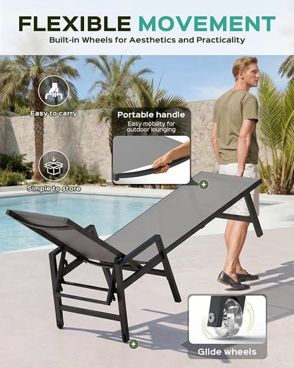 Vexwalx Patio Chaise Lounge Chair Outdoor with Wheels&Armrests, Aluminum Pool Lounge Chairs 5-Position Adjustable Recliner, Outdoor Beach Lounge Chairs for Outside, Patio, Deck, Yard, Dark Gray
