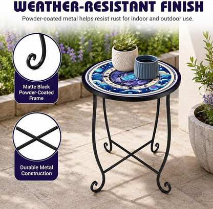 15 Inch Tall Outdoor Side Table, Metal Patio End Table with Twin Koi Fish Pattern, Rust Proof Black Small Garden Stool for Deck, Coastal Decor & Mermaid Table Gift