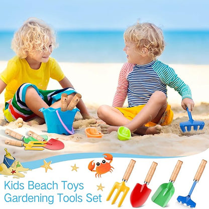 8" Kids Gardening Tools, Metal Beach Sandbox Digging Toys with Wooden Handle, Including Shovel, Rake, Fork and Trowel, Garden Sand Snow Tools for Children Gift Outdoor Gardening(100 Pcs)