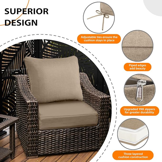Sundale Outdoor Olefin Deep Seat Cushion Set of 2, Patio Chair Cushion and Pillow, Water-Resistant Sectional Sofa Pad with Straps Khaki, 23 x 26 x 6 Inches