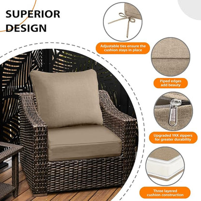 Sundale Outdoor Olefin Deep Seat Cushion Set of 2, Patio Chair Cushion and Pillow, Water-Resistant Sectional Sofa Pad with Straps Khaki, 24 x 24 x 6 Inches