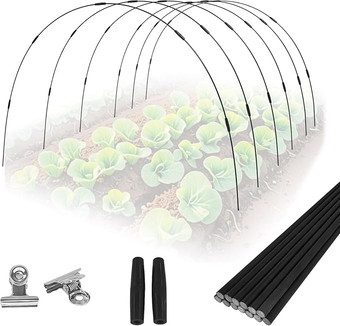 36PCS Garden Hoops Grow Tunnel Kit - 8FT Rust-Free Fiberglass Arches with Plastics Coating (6 Sets) for Raised Beds, Plant Support, Shade Cloth Net, Insect Netting & Row Cover Protection