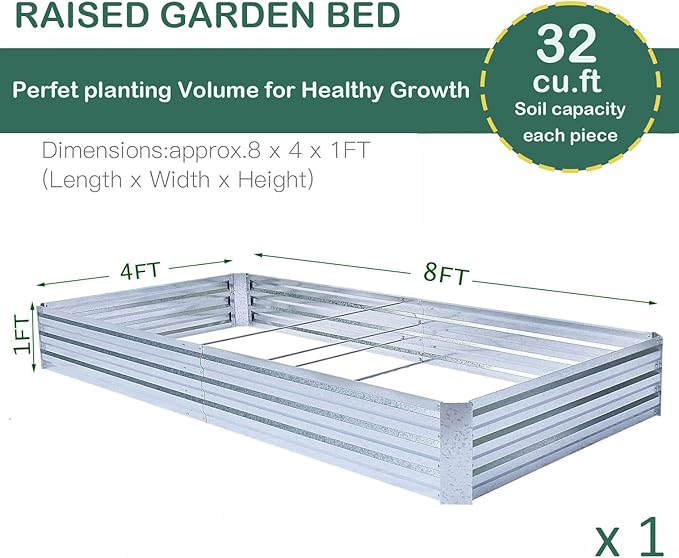 Galvanized Raised Garden Bed (8x4x1ft) – Overlapping 4-Inch Panels + 4 Support Bars, Heavy-Duty Metal Planter Box for Vegetables, Herbs, Flowers, No-Deformation Steel Garden Kit