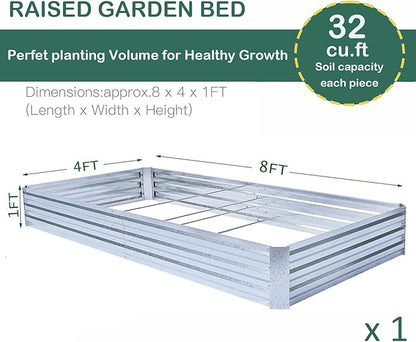 Galvanized Raised Garden Bed (8x4x1ft) – Overlapping 4-Inch Panels + 4 Support Bars, Heavy-Duty Metal Planter Box for Vegetables, Herbs, Flowers, No-Deformation Steel Garden Kit