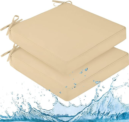 downluxe Waterproof Outdoor Chair Cushions for Patio Furniture, 19" x 19" x 2" Patio Chair Cushion with Adjustable Ties & Portable Handle, Square Outdoor Cushion with Removable Cover, Beige, 2 Pack