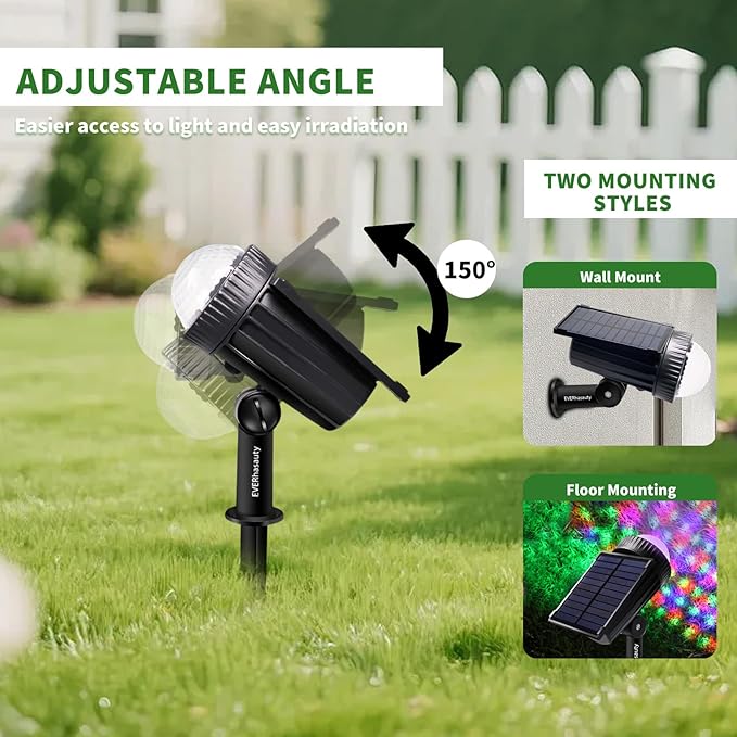 Outdoor Solar RGB Color-Changing Projection Lights, IP65 Waterproof 150° Adjustable LED Landscape Spotlights for Yard & Party Decoration