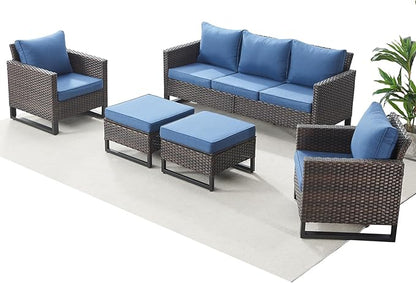Rilyson Wicker Outdoor Patio Furniture Set - 5 Piece Patio Conversation Set with 2 Wicker Armrest Chairs,2 Rattan Ottoman and 1 Couch for Outside Porch Deck Backyard Garden(Brown/Blue)