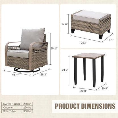 Modern Wicker Bistro Table and Chairs Set, Rattan Outdoor Bistro Set with Swivel Rocking Chairs, Ottomans & Table, 5 Pieces, Brown/Gray