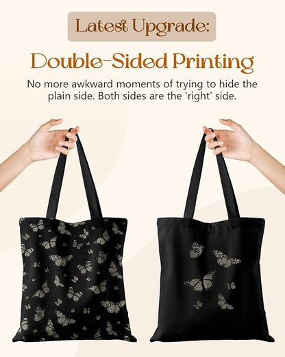 Miss Adola Canvas Tote Bag for Women – Aesthetic Canvas Bag with Zipper Cute Stylish Reusable Shoulder Totes for Shopping Work Daily Vacation, Black Butterfly