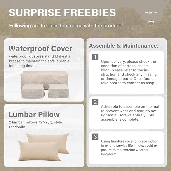 Patio Furniture Set 3 Piece Outdoor Sectional Sofa Set with Wicker Couch, Ottoman, Patio Table with Storage All-Weather Anti-Slip Cushions and Waterproof Covers, Khaki