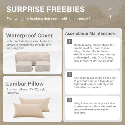 Patio Furniture Set 3 Piece Outdoor Sectional Sofa Set with Wicker Couch, Ottoman, Patio Table with Storage All-Weather Anti-Slip Cushions and Waterproof Covers, Khaki