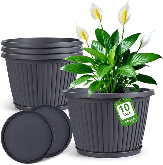 10-inch-Planters-for-Outdoor-Plant，Plastic Indoor Flower Pots with Drainage Holes & Saucer, 4 Packs Decorative Garden Pots for Plant for Home Porch Decor