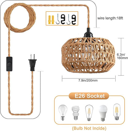 Plug in Pendant Light, Industrial Hanging Light with Plug in Cord Hemp Rope On/Off Switch Farmhouse, Vintage Hanging Lamps for Dining Room