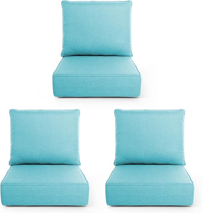 Outdoor Chair Cushions, 6 Inch Thick Patio Seat & Back Cushions Set with Removable Cover, Waterproof Patio Cushions for Outdoor Furniture, 24 x 24 Inch, Sky Blue 3-Set