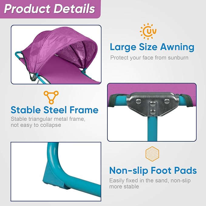 Northroad Beach Lounge Chair with Canopy Shade, Adjustable 4 Position Foldable Tanning Chair, Outdoor Heavy Duty Chaise Lounge Chair, for Poolside Patio Sunbathing Lawn, UPF 50+, Purple