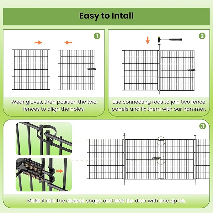 Garden Dog Fence Animal Barrier Outdoor for Yard 10 Panels with Gate 24.2 ft(L) X 40 in(H), Garden Fencing Includes Gloves, Hammer&Zip Ties, Rustproof Metal Temporary No Dig Fence Border for Dogs