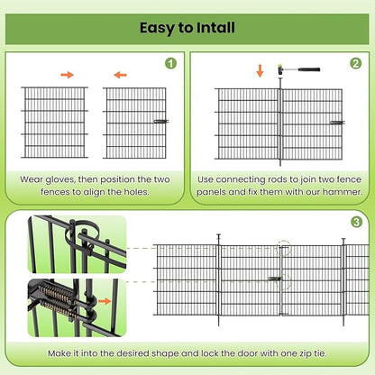 Garden Fence Panels with Gate 14.5ft(L) X 32in(H), Garden Fencing for Yard Includes Gloves, Hammer&Zip Ties, Rustproof Metal Wire Temporary No Dig Dog Fence Outdoor for Yard