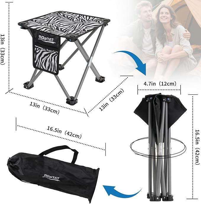 Roptat Portable Folding Compact Lightweight Camping Stool Seat for Camping Fishing Hiking Gardening Outdoor Walking Backpacking Travelling and Beach with Carry Bag (Zebra)