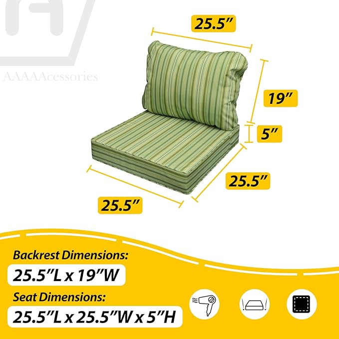 AAAAAcessories Outdoor Seat Cushions for Chairs, Fade-Resistant, Waterproof Patio Furniture Replacement Cushions, 25.5" x 25.5" x 5" + 25.5" x 19", Mossy Forest Stripe