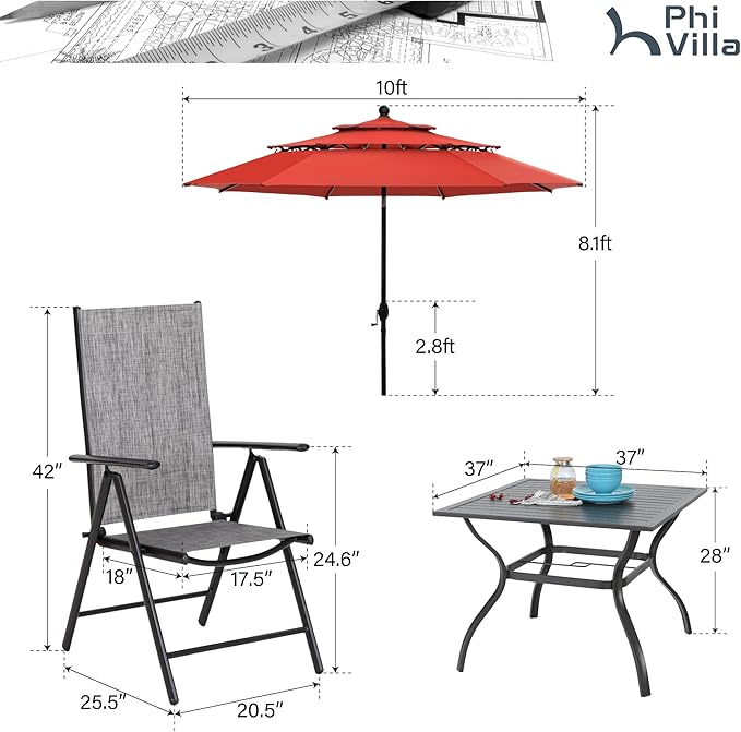 PHI VILLA Outdoor Dining Set with Umbrella for 4, Patio Dining Funiture Set with Metal Outdoor Table and Chairs Foldable with Adjustable Backrest