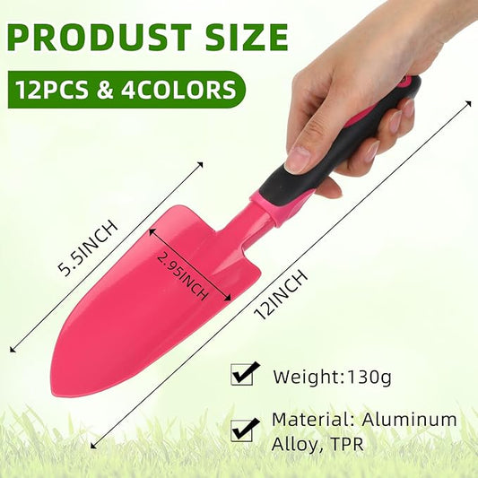 12 Pcs Garden Shovel Aluminum Alloy Heavy Duty Trowel Small Digging Shovels Metal Hand Trowel Spade with Soft Handle for Garden Lawn Yard Planting Tool (Wide Shovel,Fuchsia,Purple,Blue,Pink)