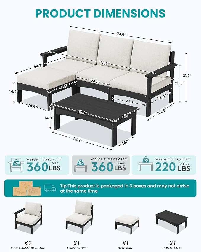 SERWALL 5-Piece Patio Sofas with 15FT Double Side Patio Umbrella, All-Weather HDPE Outdoor Sectional Sofa, Large Modular Patio Conversation Set for Garden, Deck, Porch, Black Frame with Khaki Cushion