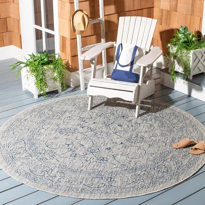 SAFAVIEH Washable Rug Outdoor Courtyard Collection - 6'7" Round, Grey & Navy, Non-Shedding & Easy Cleaning, Ideal for Patio, Backyard, Mudroom (CY8680-36812)