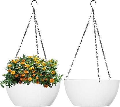 10 inch Hanging Planters for Outdoor Indoor Plants with Drainage Holes and Chain, 2 Pack Round Hanging Flower Plant Pots for Garden Home Porch Decor, White