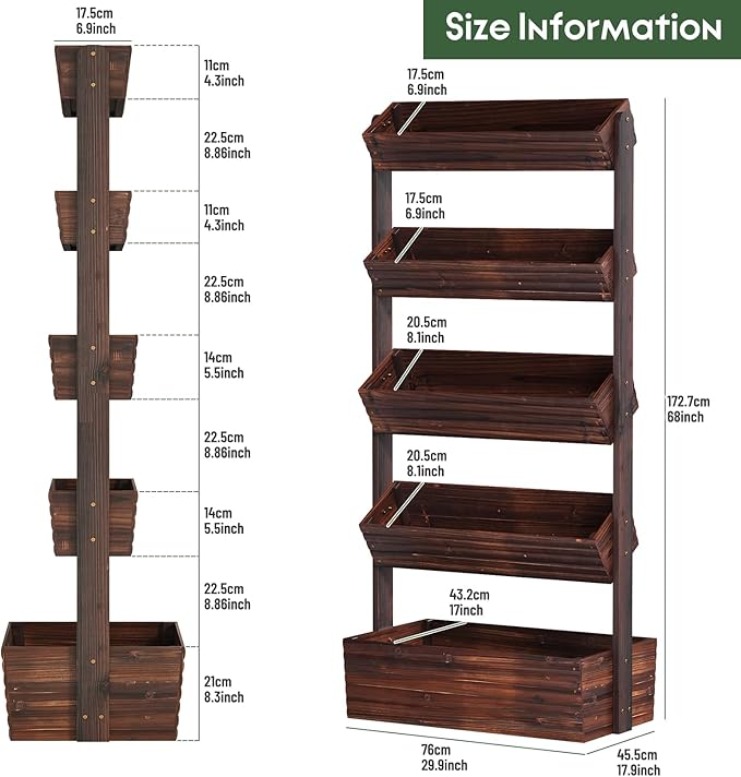 Vertical Wooden Raised Garden Bed, Garden Planters Freestanding Wood Plant Stand Flower Rack Wooden Planter Box for Plants Herbs Flowers Vegetables Outdoor Indoor Gardening (5-Tier Carbonized)