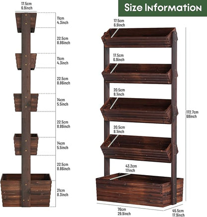 Vertical Wooden Raised Garden Bed, Garden Planters Freestanding Wood Plant Stand Flower Rack Wooden Planter Box for Plants Herbs Flowers Vegetables Outdoor Indoor Gardening (5-Tier Carbonized)
