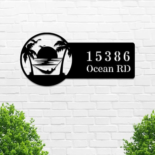 Custom Beach House Metal Sign,Beach Sunset Personalized Last Name Sign Wall Art,Custom Home Address Numbers Plaque,Street Address Wall Hanging for Door Plate Swimming Pool Numbers Letters Wall Decor
