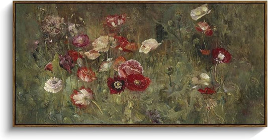 InSimSea Extra Large Framed Vintage Wall Art, Living Room Country Farmhouse Decor, Flowers Botanical Paintings, Canvas Prints, Retro Floral Long Picture for Bedroom Above of Bed,20x40inch