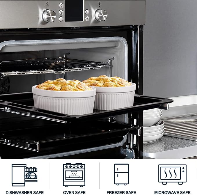Delling Large Ramekins 32 Oz Oven Safe/Soup Bowls, 1 Quart Serving Bowls Ceramic Round for Baking, Salad, Pasta, Creme Brulee, Souffle Dish, Pot Pie