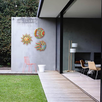 VividLadybug Metal Sun Moon Wall Art Decor,set of 3,Vivid Sun Moon Metal Wall Decor,Colorful Sun Face Sculptures, Indoor Outdoor Wall Decor Fence Garden Courtyard Decoration,wall art decor,hanging decor