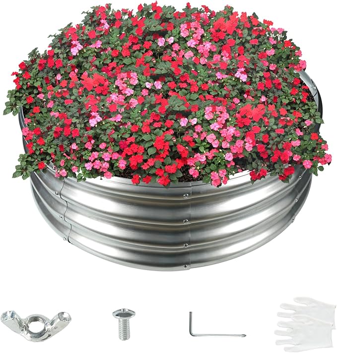 32 Inch Diameter Galvanized Garden Raised Bed/Plant Box/Fire Pit Ring-0.8mm Thick,12 Inch Tall,Crimped Edge and Corner,No Sharpe,Perfect for Plantings (Silver, 32 Dia X 11.5 inches)