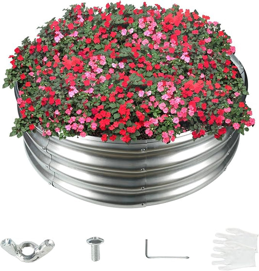 32 Inch Diameter Galvanized Garden Raised Bed/Plant Box/Fire Pit Ring-0.8mm Thick,12 Inch Tall,Crimped Edge and Corner,No Sharpe,Perfect for Plantings (Silver, 32 Dia X 11.5 inches)