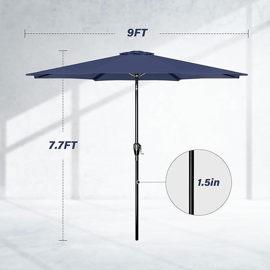 Simple Deluxe 9FT Outdoor Patio Umbrella Table Market Umbrella with Push Button Tilt and Crank, 8 Sturdy Ribs, UV Protection Waterproof for Garden, Lawn, Deck, Backyard, Pool, Dark Blue